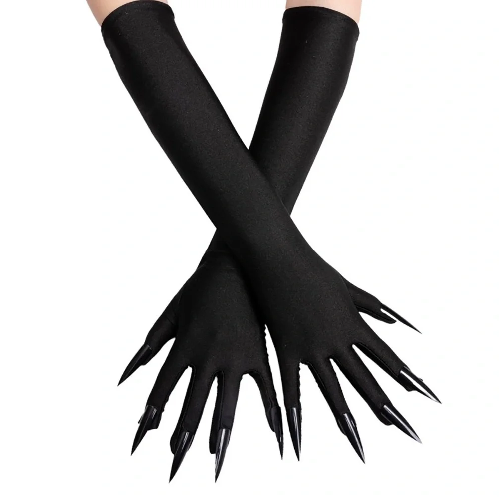 Long Black Satin Claw Gloves
